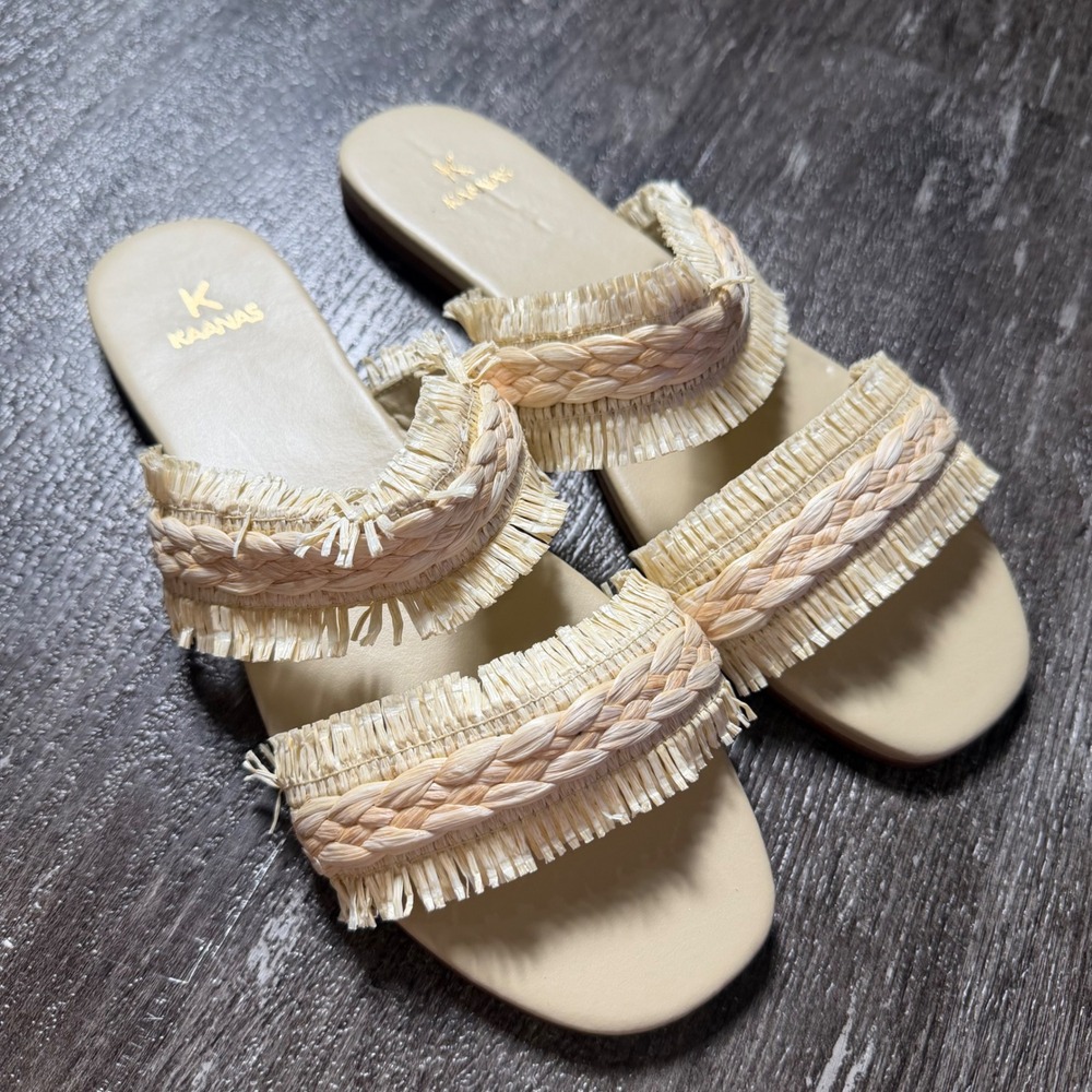 KAANAS Slide Sandals Women 9 Beige Raffia Braided Fringe Flat Summer Boho